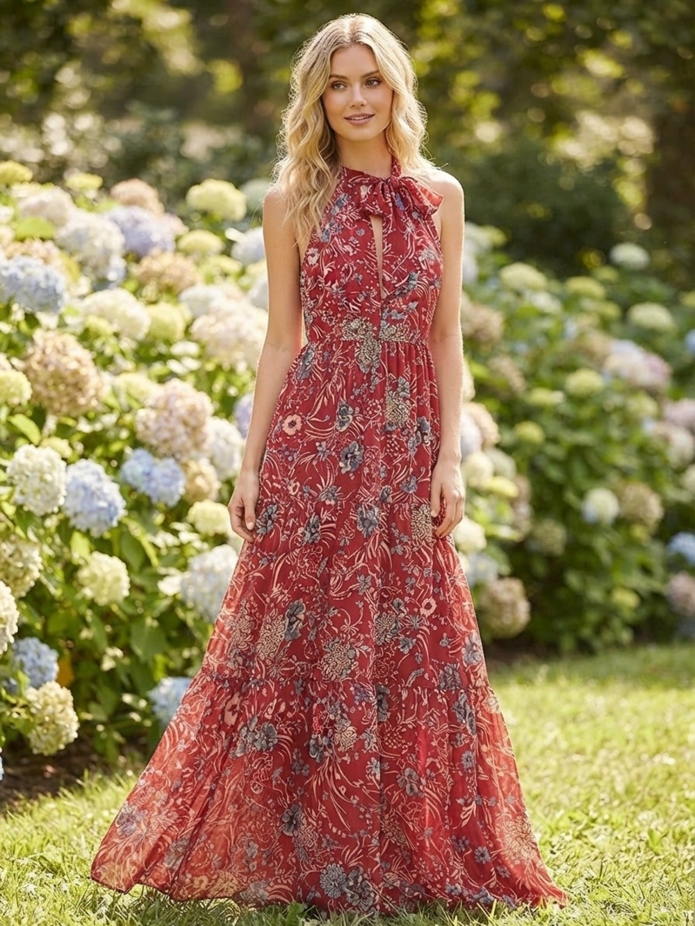 Aakaa Red Floral Halter Neck Tiered Maxi Dress S